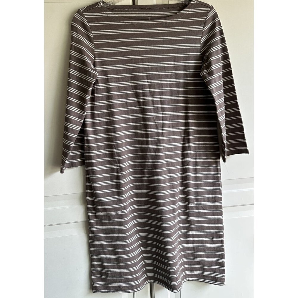 Garnet Hill‎ Women’s Size 00 Tan White Stripe 3/4 Sleeve Cotton Dress
